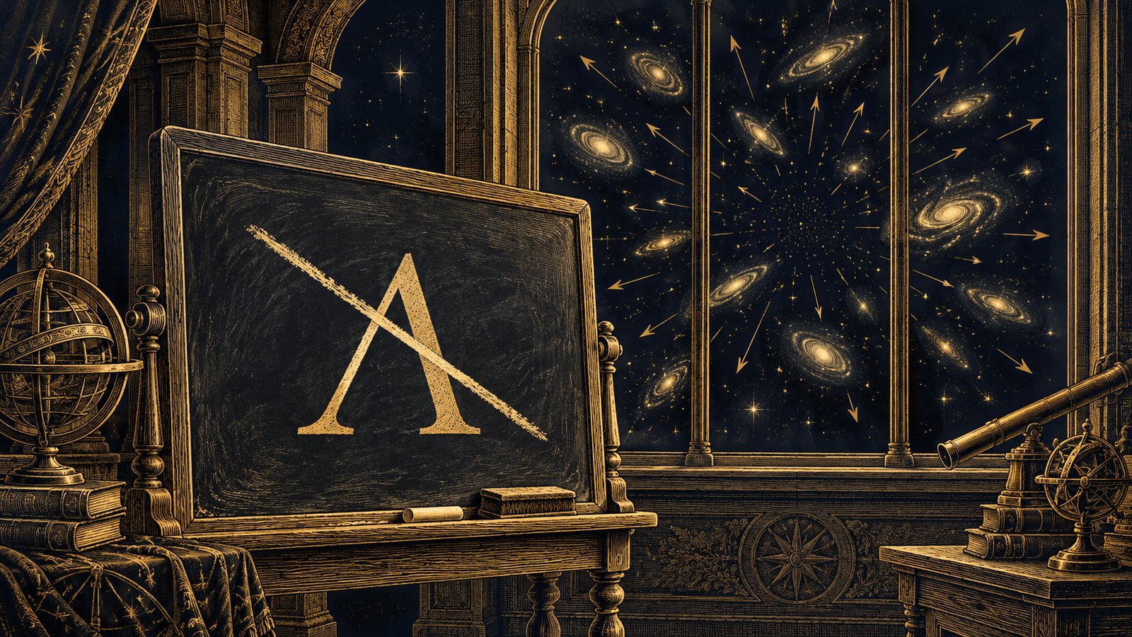 A chalkboard in an observatory with the Greek letter lambda struck through, and galaxies flying apart in the window behind it