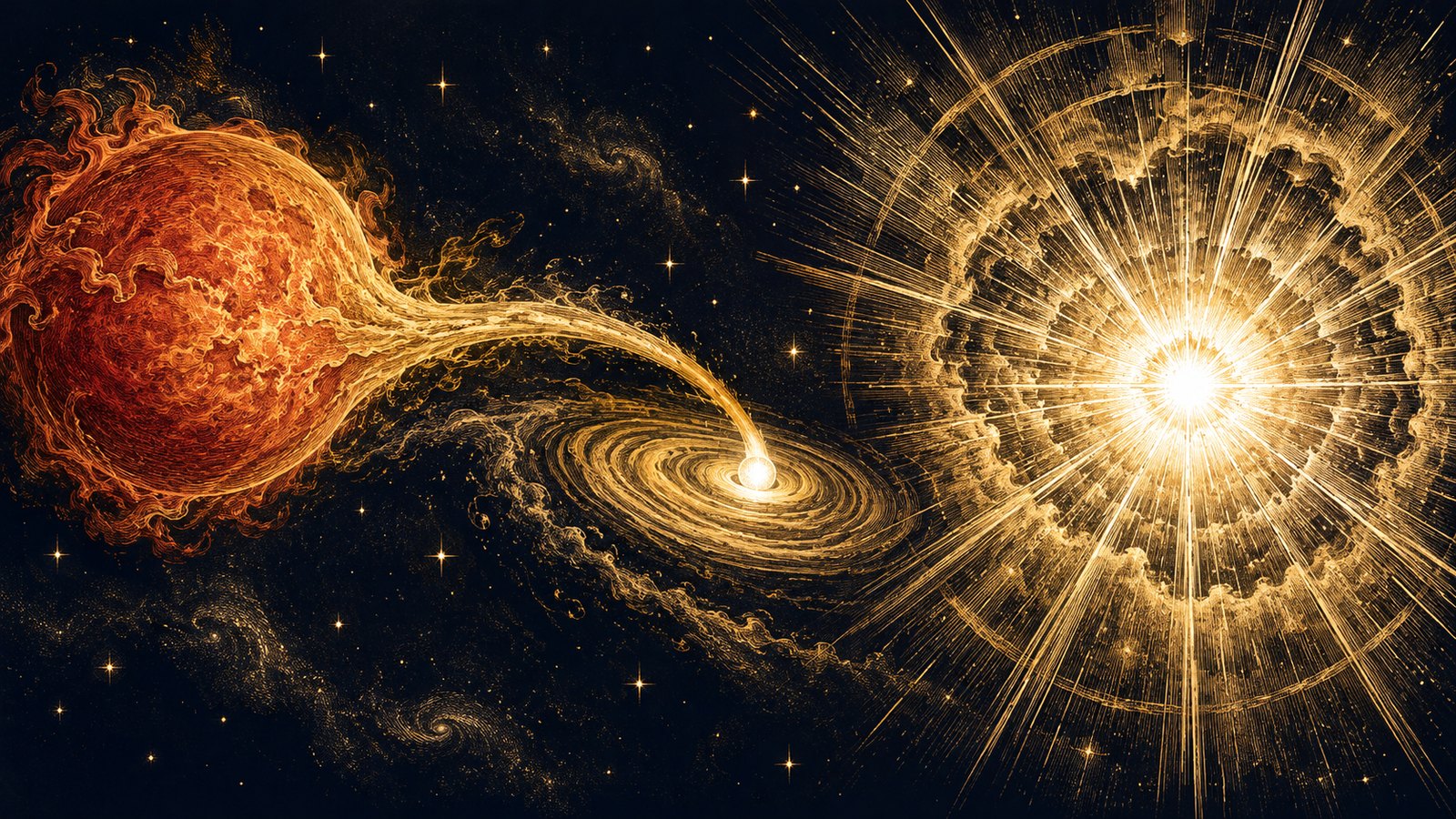 A red giant star streams gas onto a small white dwarf, which detonates in a burst of gold light