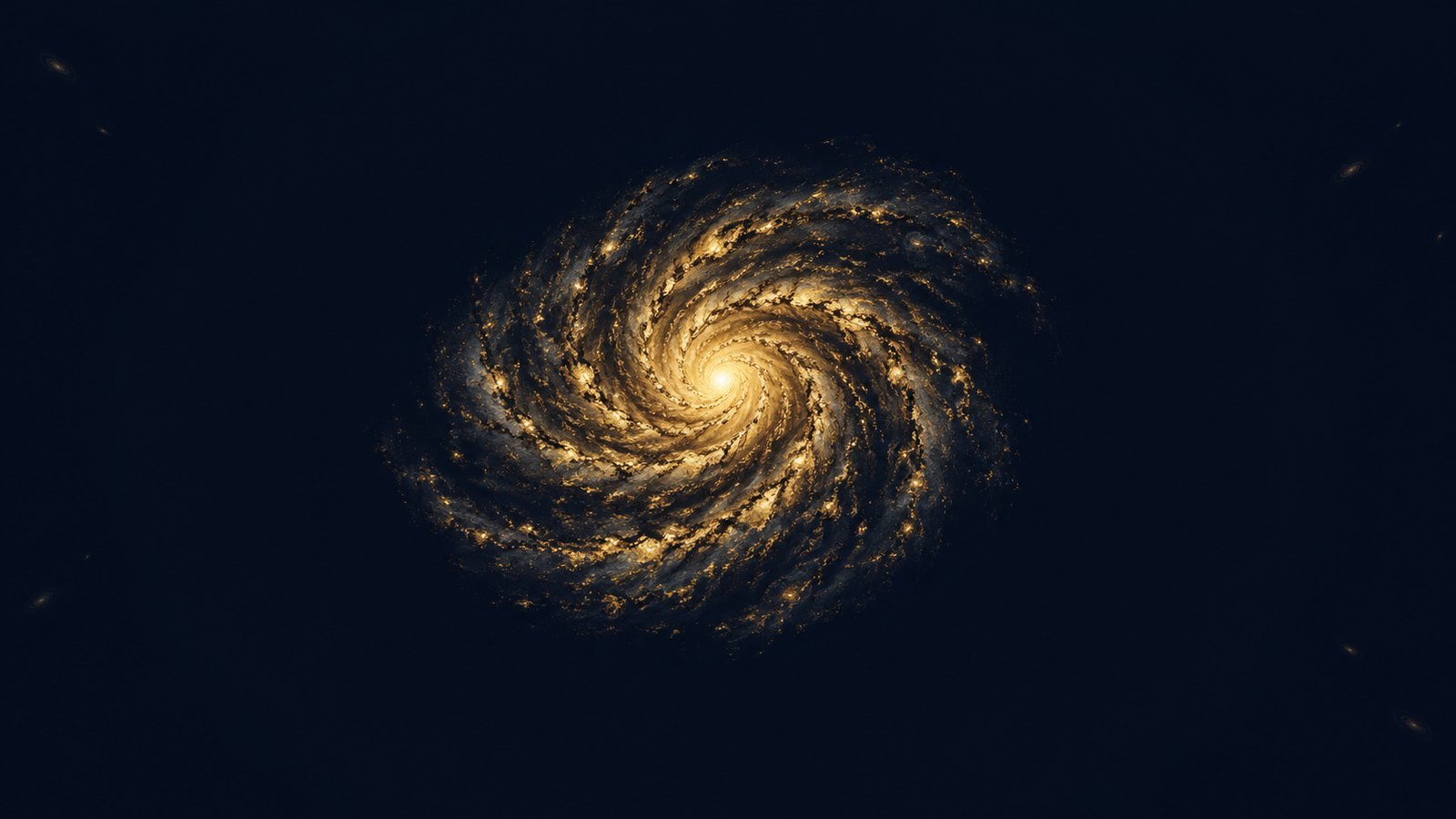 One spiral galaxy alone in a dark sky, a few faint smudges at the edges