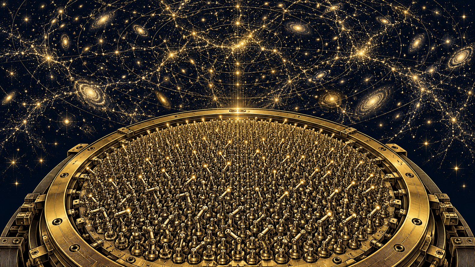A round telescope focal plane packed with thousands of small robotic fibers under a sky drawn as a web of galaxies