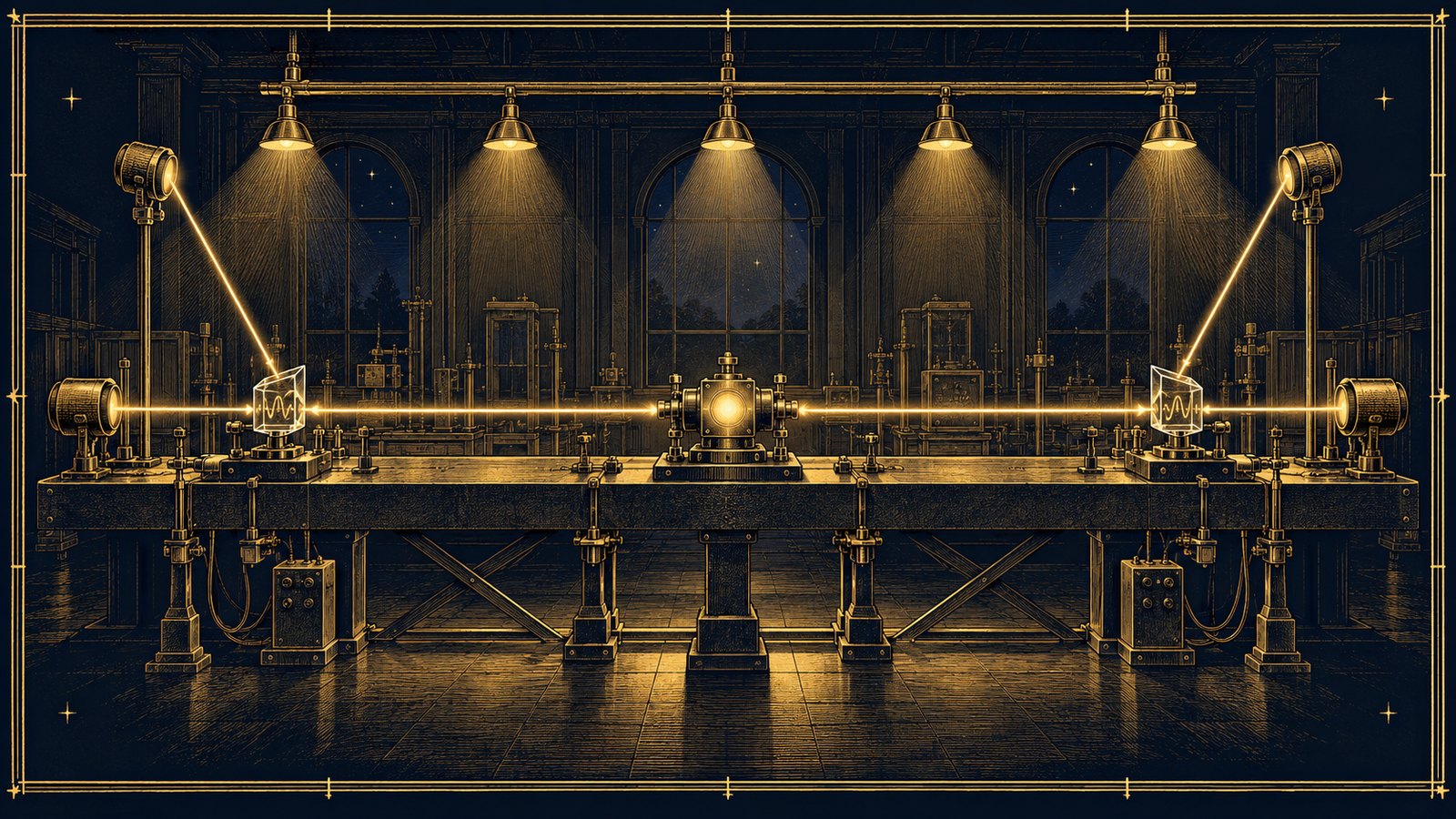 A long optical bench in Orsay with a source at the centre and a fast switch on each side forking the beam to two detectors