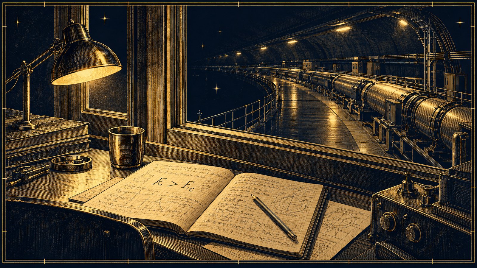 A desk by a tall window at CERN, a notebook open to one short inequality, the accelerator tunnel curving away outside