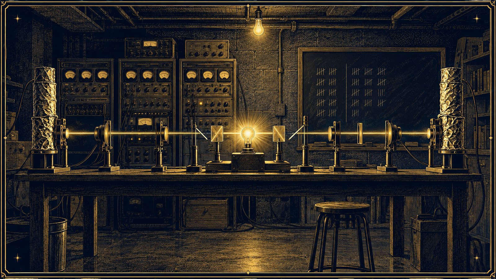 A basement laboratory, a glowing lamp at the centre of a long bench, two foil-wrapped detectors, racks of counters with dials