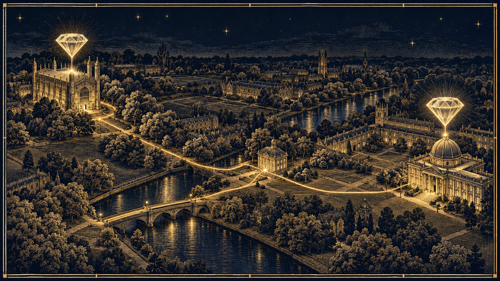 A university campus at night from above, two buildings over a kilometre apart with a diamond above each roof and one fibre running between them