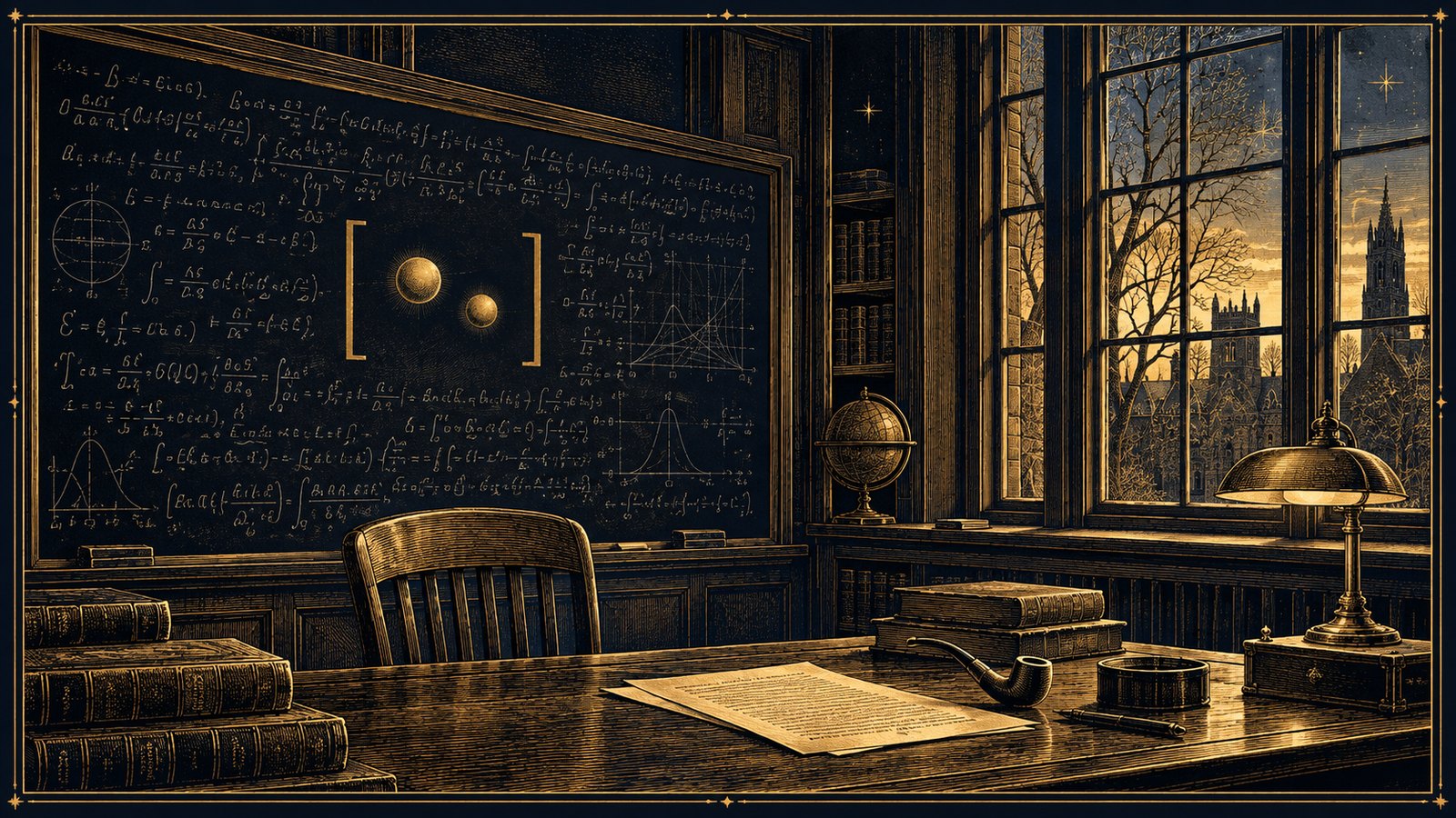 A study at Princeton in 1935, a blackboard of equations with two small spheres inside one pair of brackets, a typed paper on the desk