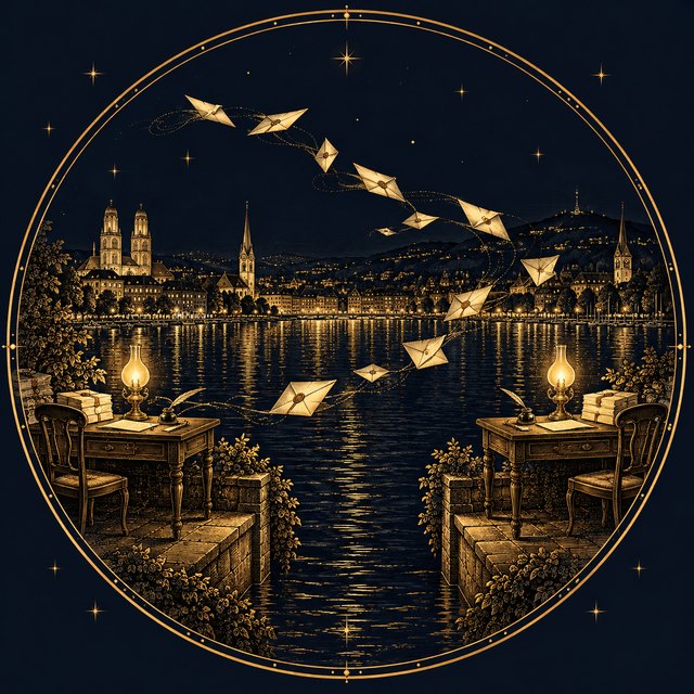 Two writing desks facing each other across a dark lake, folded letters crossing over the water