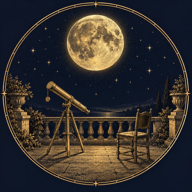 A brass telescope on an empty terrace pointed at the ground, an empty chair beside it, and the full Moon above with no one looking