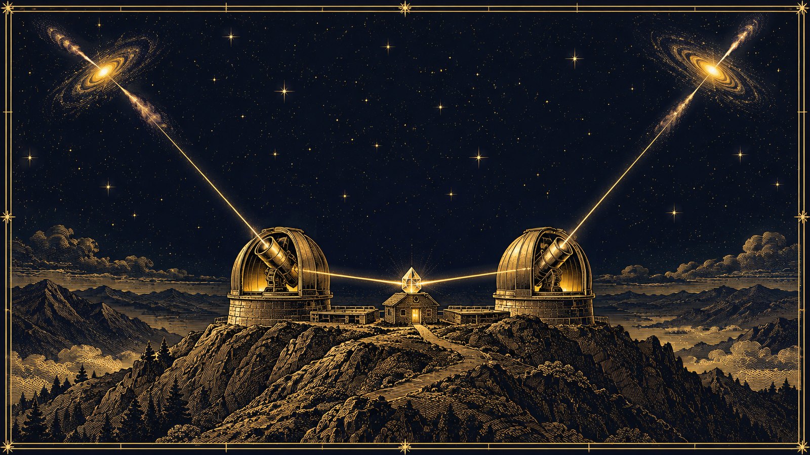 Two domed telescopes on a mountain ridge at night, each catching a thin line of light from a distant quasar at the top of the plate