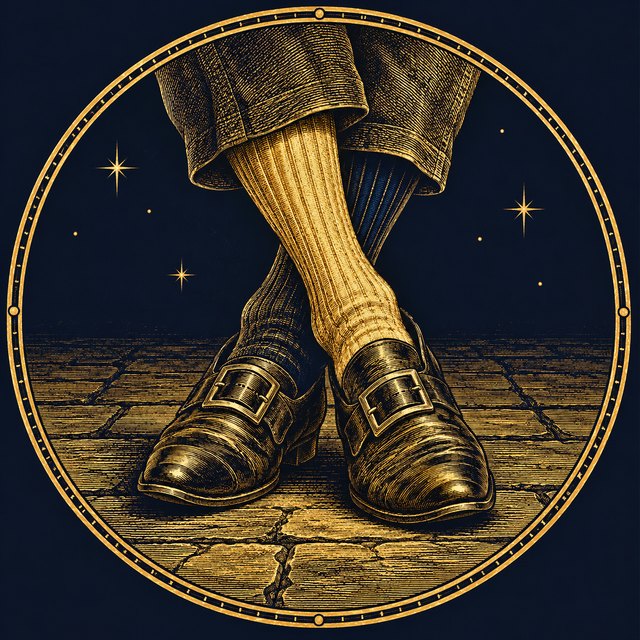 A pair of feet in old shoes, one sock bright gold and the other deep blue
