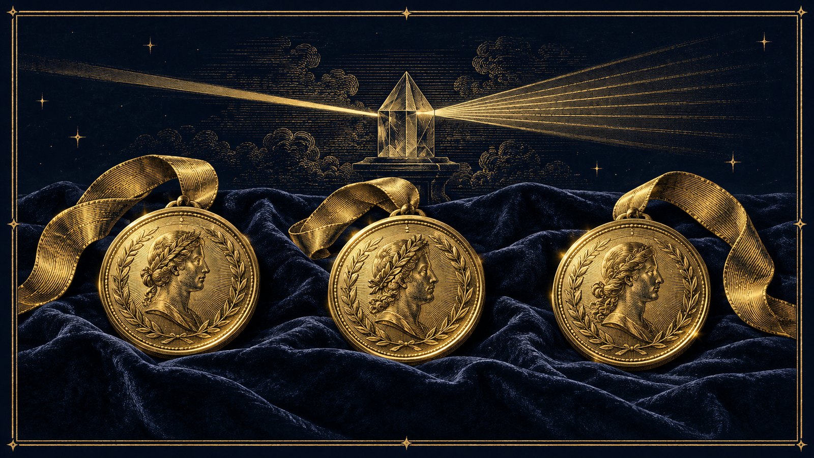 Three gold medals on dark velvet, and behind them two beams leaving a crystal in opposite directions