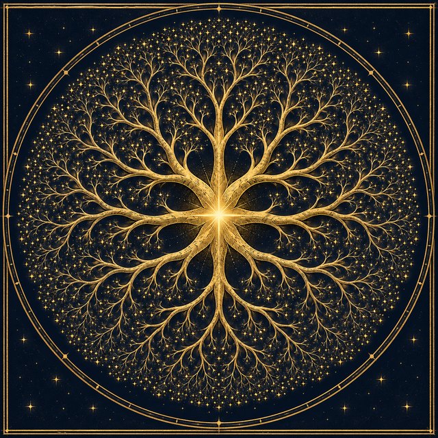 A tree of gold branches growing outward from one bright point, each branch splitting in two again and again until the rim is a haze of twigs ending in stars