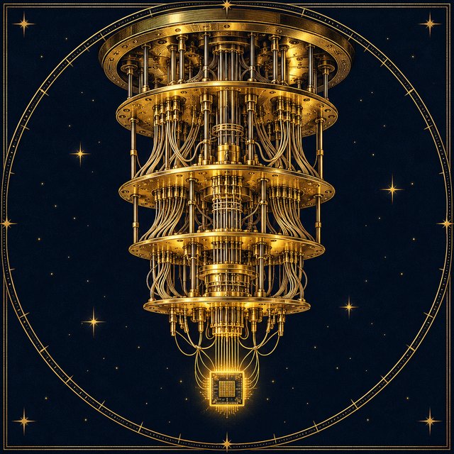 A dilution refrigerator drawn as a tall gold chandelier of nested plates and coiled cables, with a small glowing chip hung at the bottom