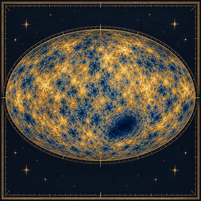 The whole sky of the oldest light as an oval map in gold and blue, with one patch low on the right plainly larger and darker than the rest