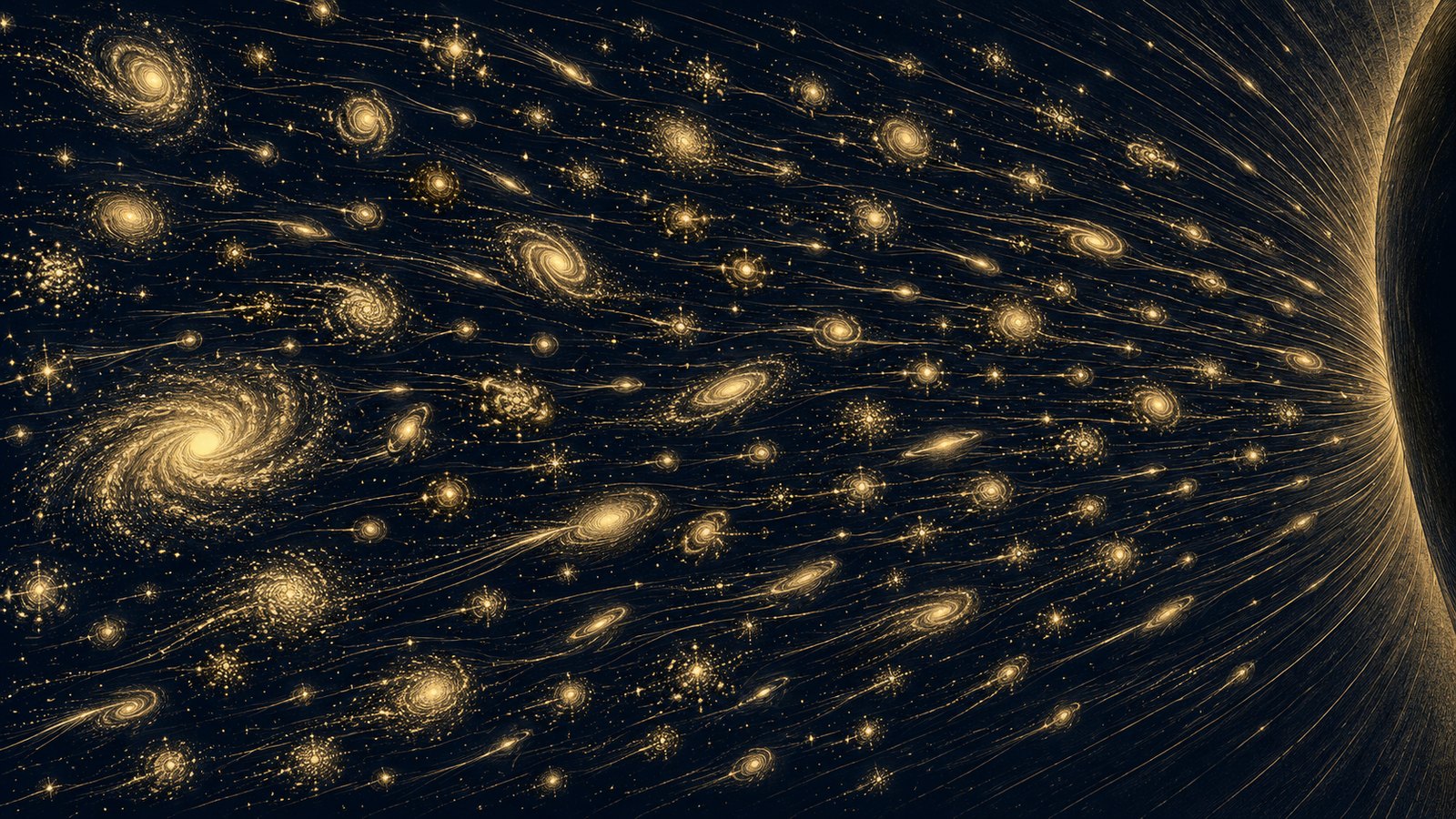 Hundreds of galaxy clusters drawn as small gold knots, every one trailing a line in the same direction toward something unseen beyond the frame