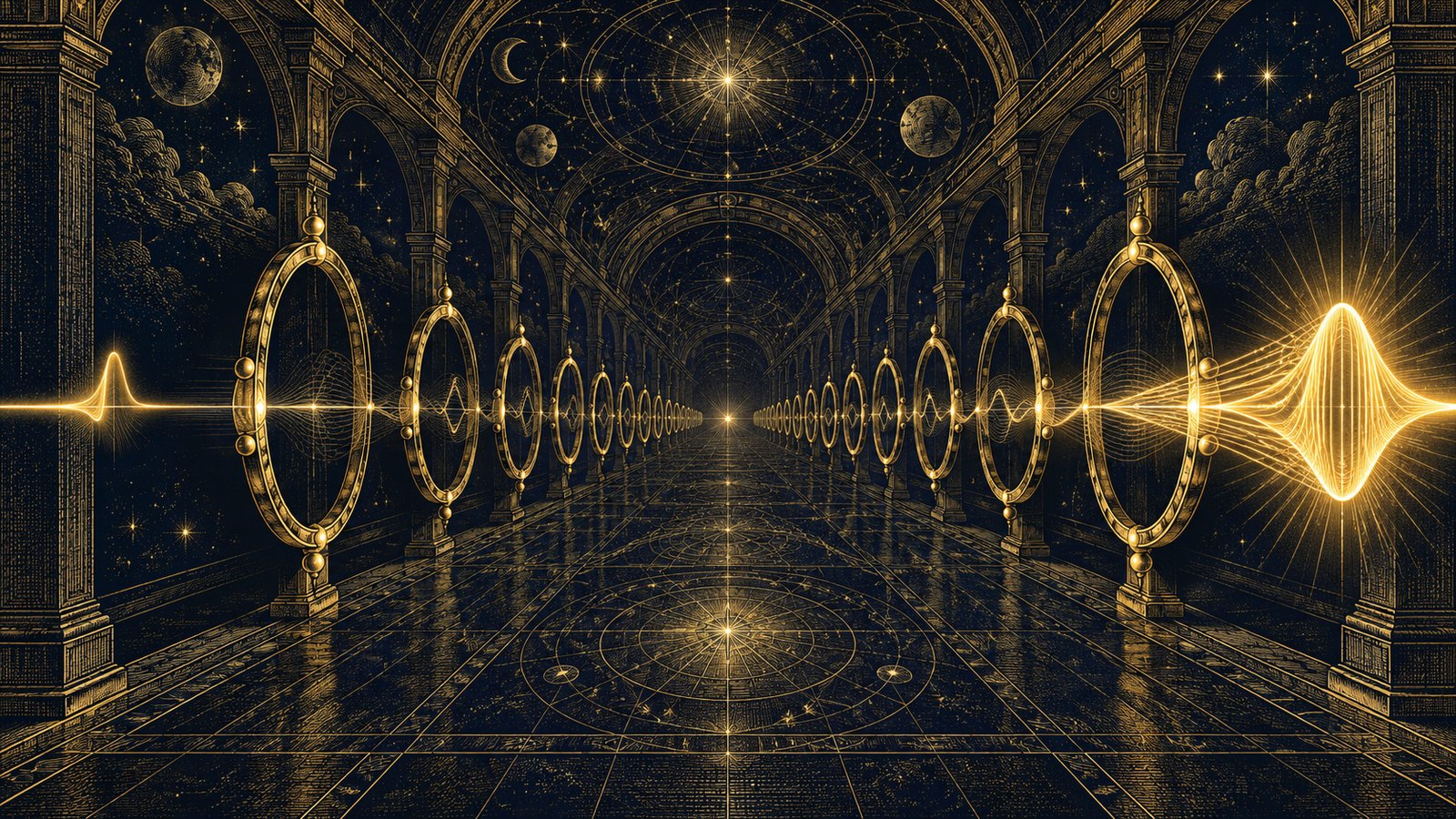 A corridor of gold rings receding to a vanishing point, a thin pulse entering from the left and a far brighter one returning from the right