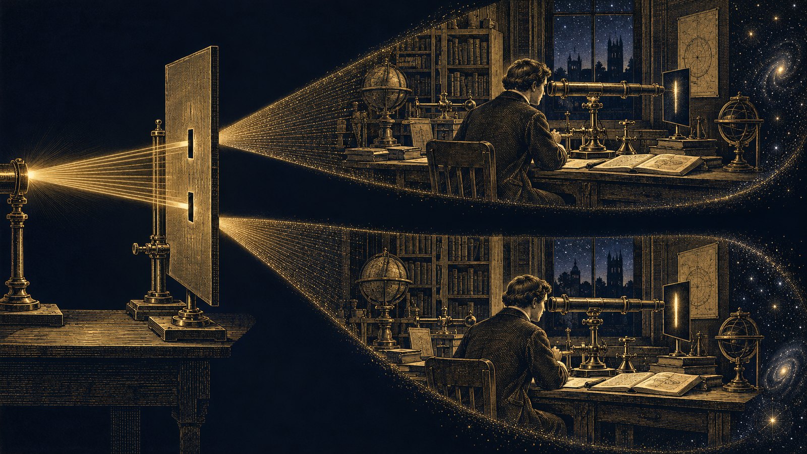 A beam of light strikes a plate with two slits, and beyond it the same laboratory and the same observer appear twice, drifting apart