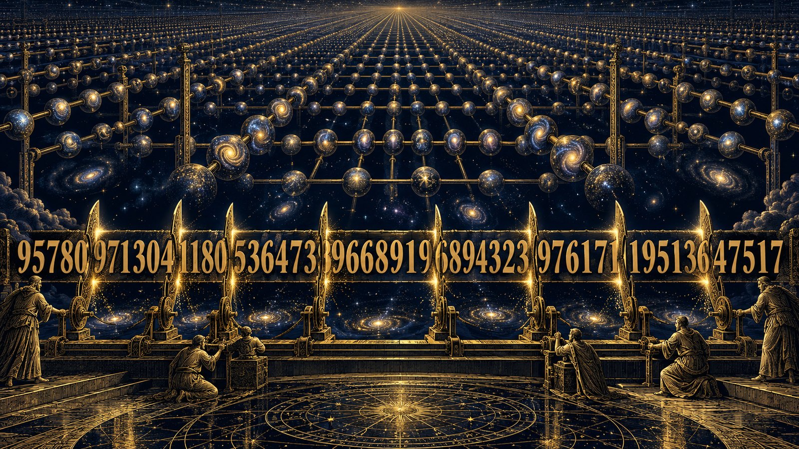 An enormous engraved number being cut into its prime factors, with an abacus the size of a sky behind it