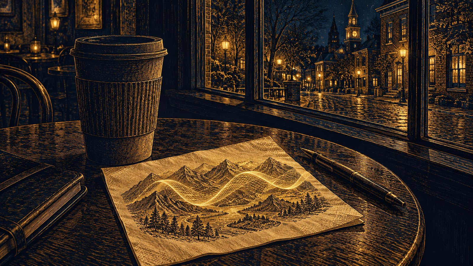 A cafe table by a window at evening, and on a napkin a glowing sketch of a mountain landscape with one wave lying over its valleys