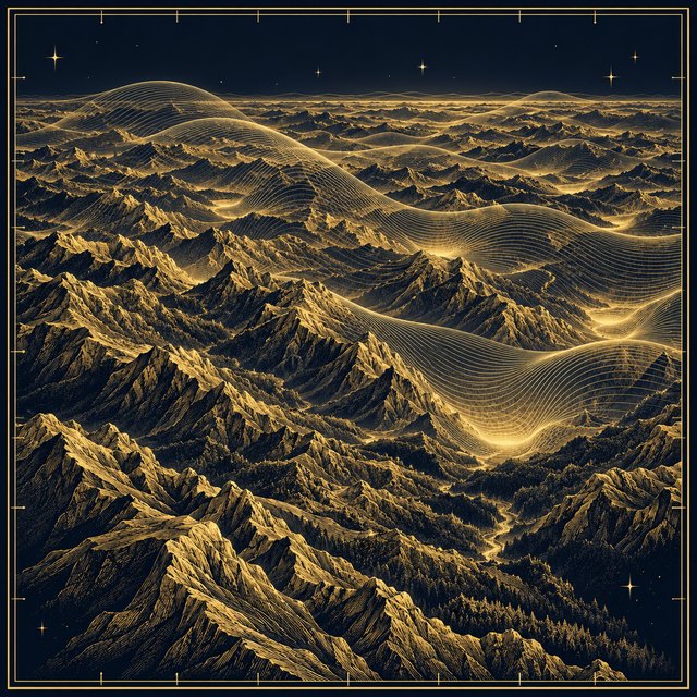 A range of engraved gold valleys seen from above, with a single translucent wave lying over all of them and pooling in a few