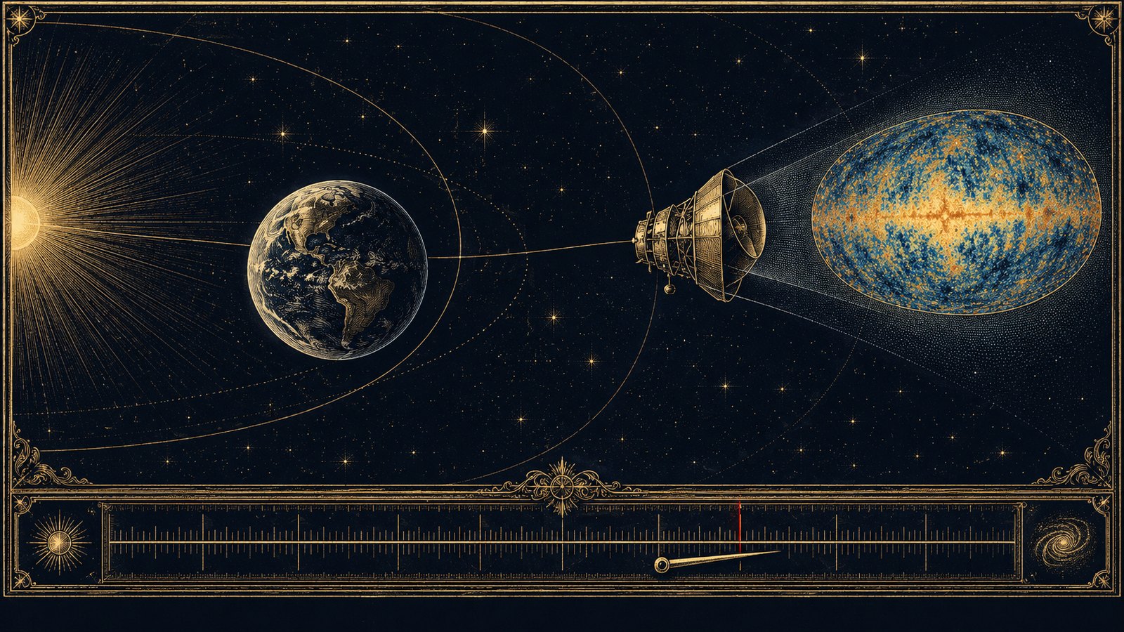 The Planck satellite alone at its station, the oval map of the oldest light projected faintly behind it, a gauge below with its needle under a red mark