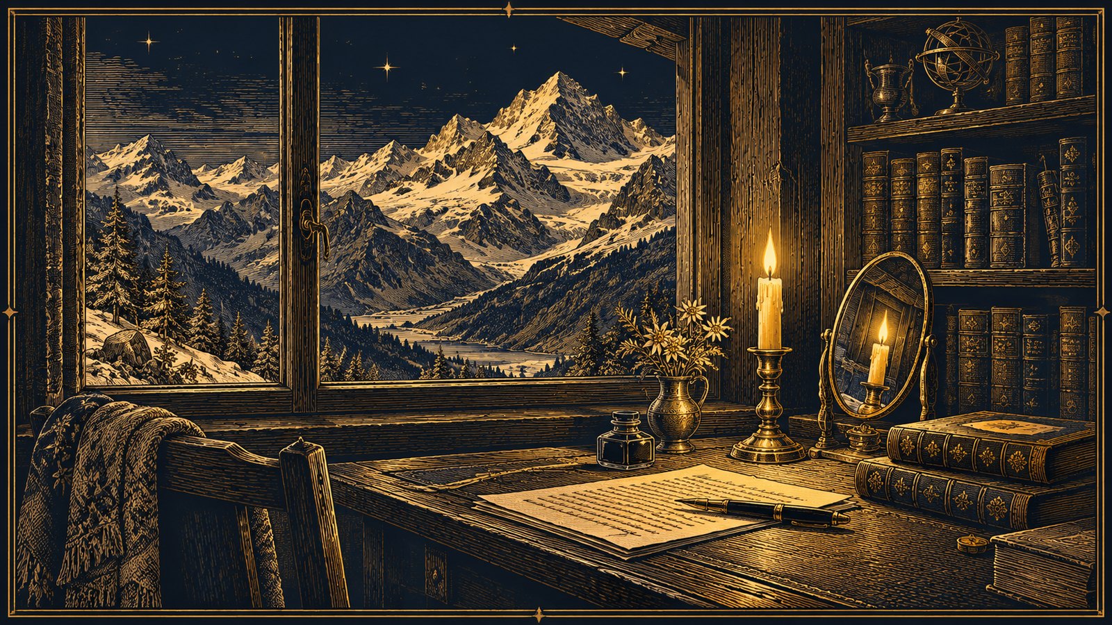 A study with a window full of Alpine peaks, a handwritten manuscript on the desk and a candle whose flame is repeated in a small mirror