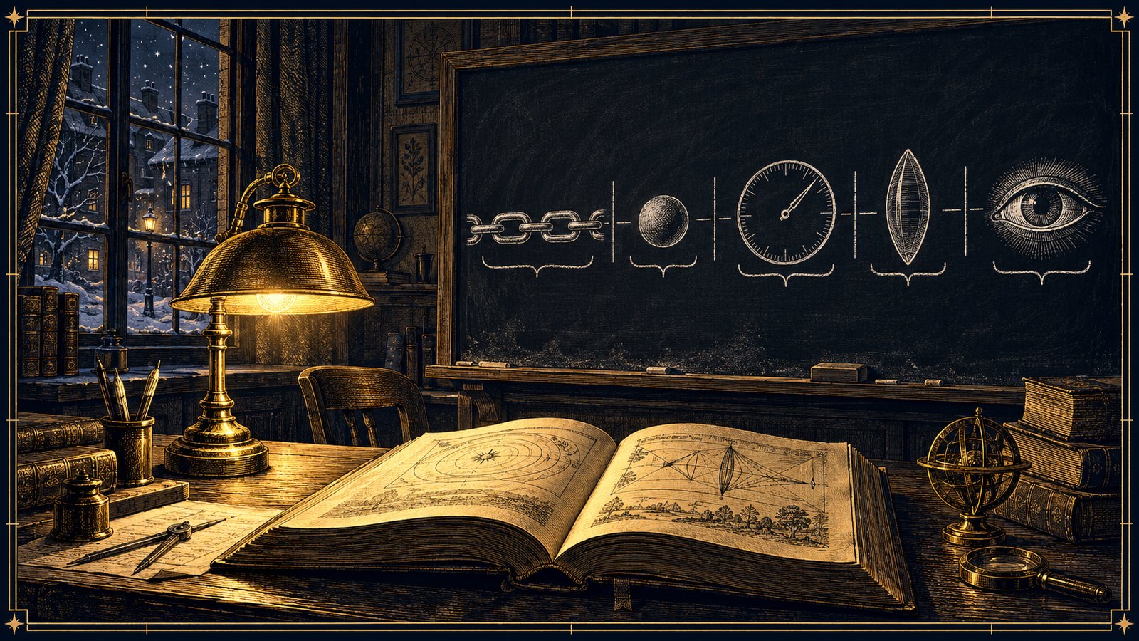 A study in 1932, a thick book open on the desk and on the blackboard a chalk chain from a particle to a dial to a lens to an eye