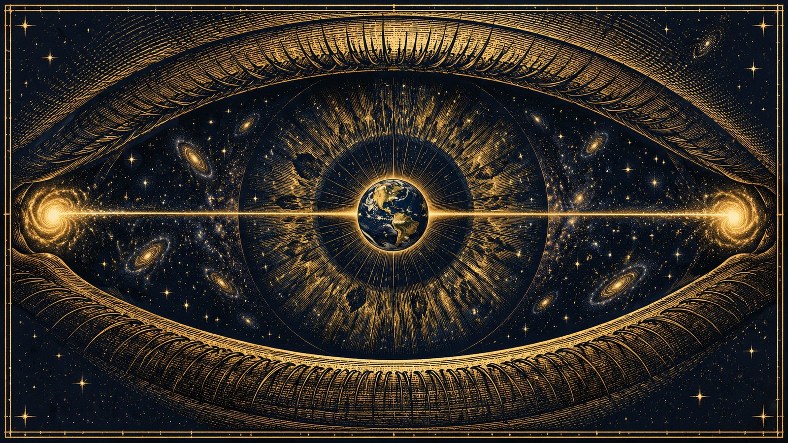 The Earth small at the centre of a field of stars, two quasars at the far edges sending beams that meet at it, the whole scene inside the iris of one enormous eye