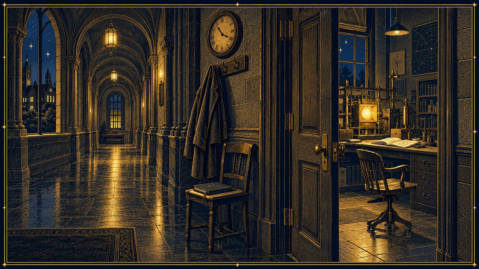 A corridor at night, a laboratory door half open on a bench with a lit detector and an empty chair, a second chair waiting outside