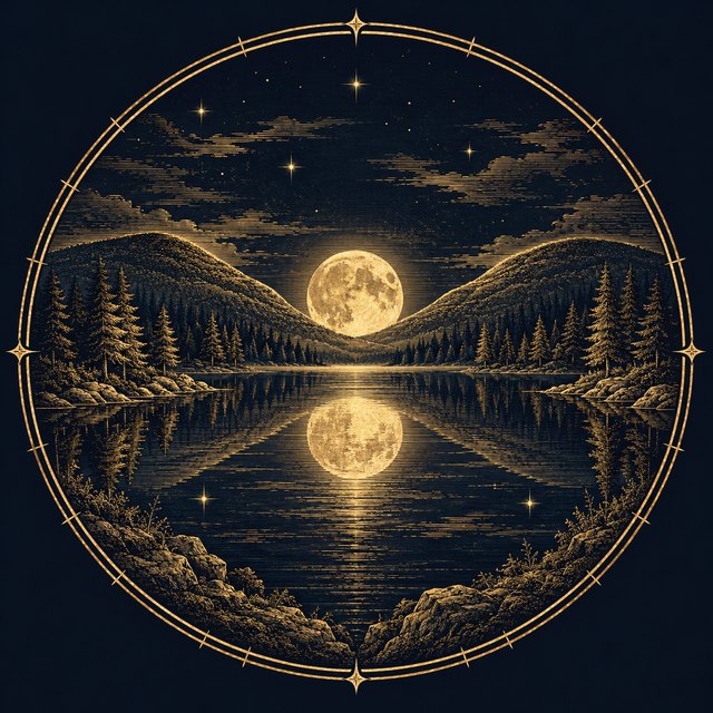 A night valley between two hills, the full Moon and its reflection in a still lake making together one open eye