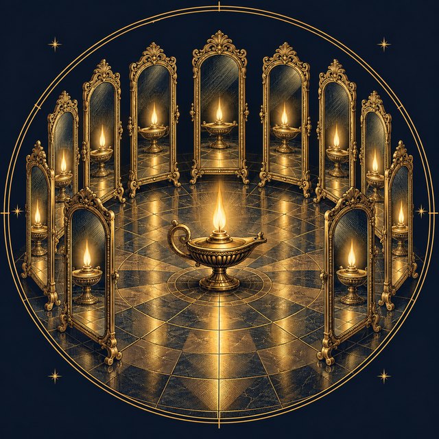A single oil lamp at the centre of a ring of twelve standing mirrors, the one flame appearing twelve times