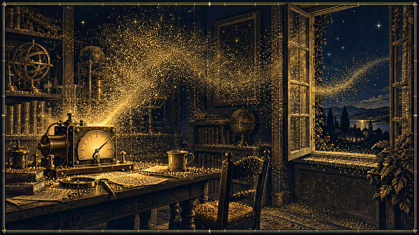 A detector on a bench whose dial has just swung, and a cloud of thousands of tiny dots drifting out from it through the room and the open window