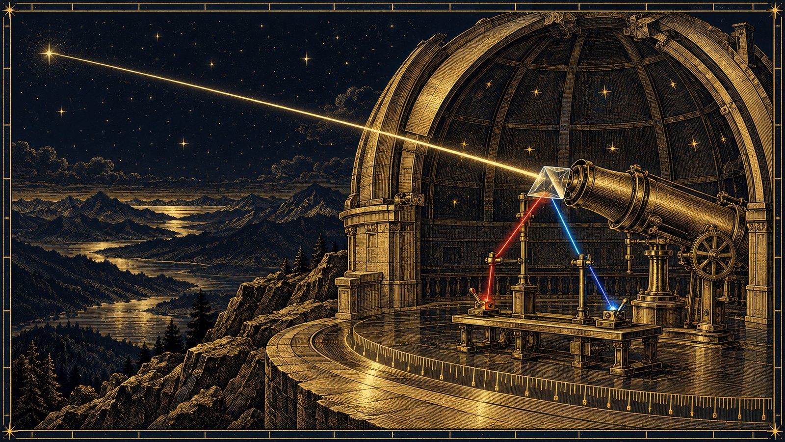 A telescope dome open to the night, a beam from one far point of light split by a prism into a red and a blue thread, each running to a switch