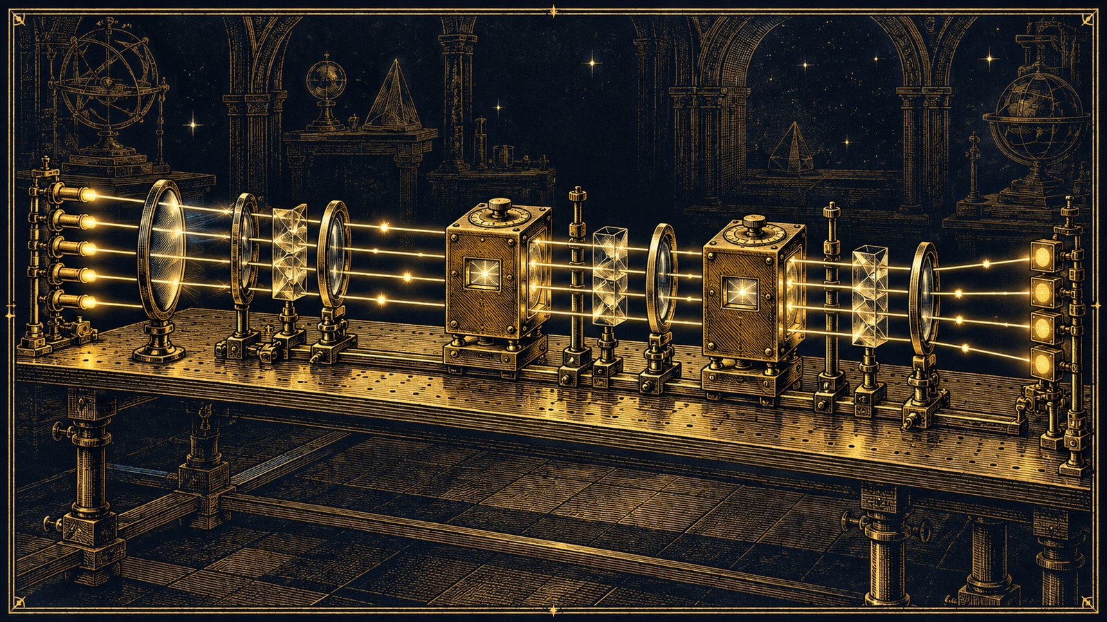 A long optical table with six thin beams and two small sealed boxes along it, each with a window and a dial on the lid