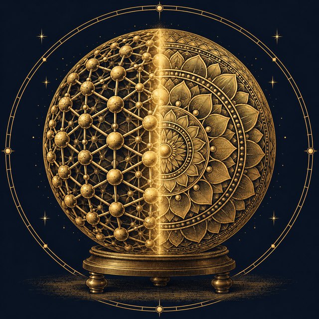 A single sphere on a stand, its left half a crystal lattice of atoms and its right half a mandala of petals, meeting with no seam