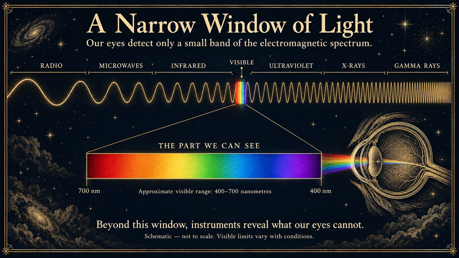 The electromagnetic spectrum drawn as a single gold wave tightening from radio to gamma, with the visible band a narrow rainbow sliver near the middle, enlarged below and entering an engraved eye